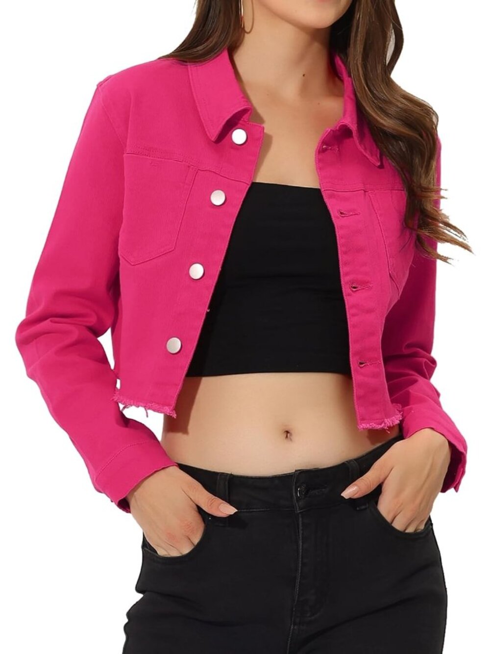 Women's Fuchsia Cropped Frayed Hem Turndown Collar Button Up Denim Jacket